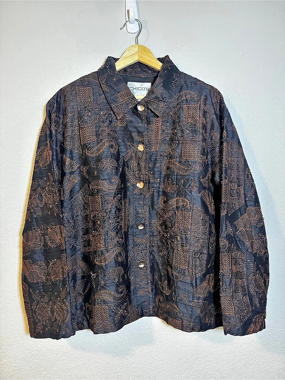 Chicos Abstract Embroidered silk Jacket in Black & Brown Size large